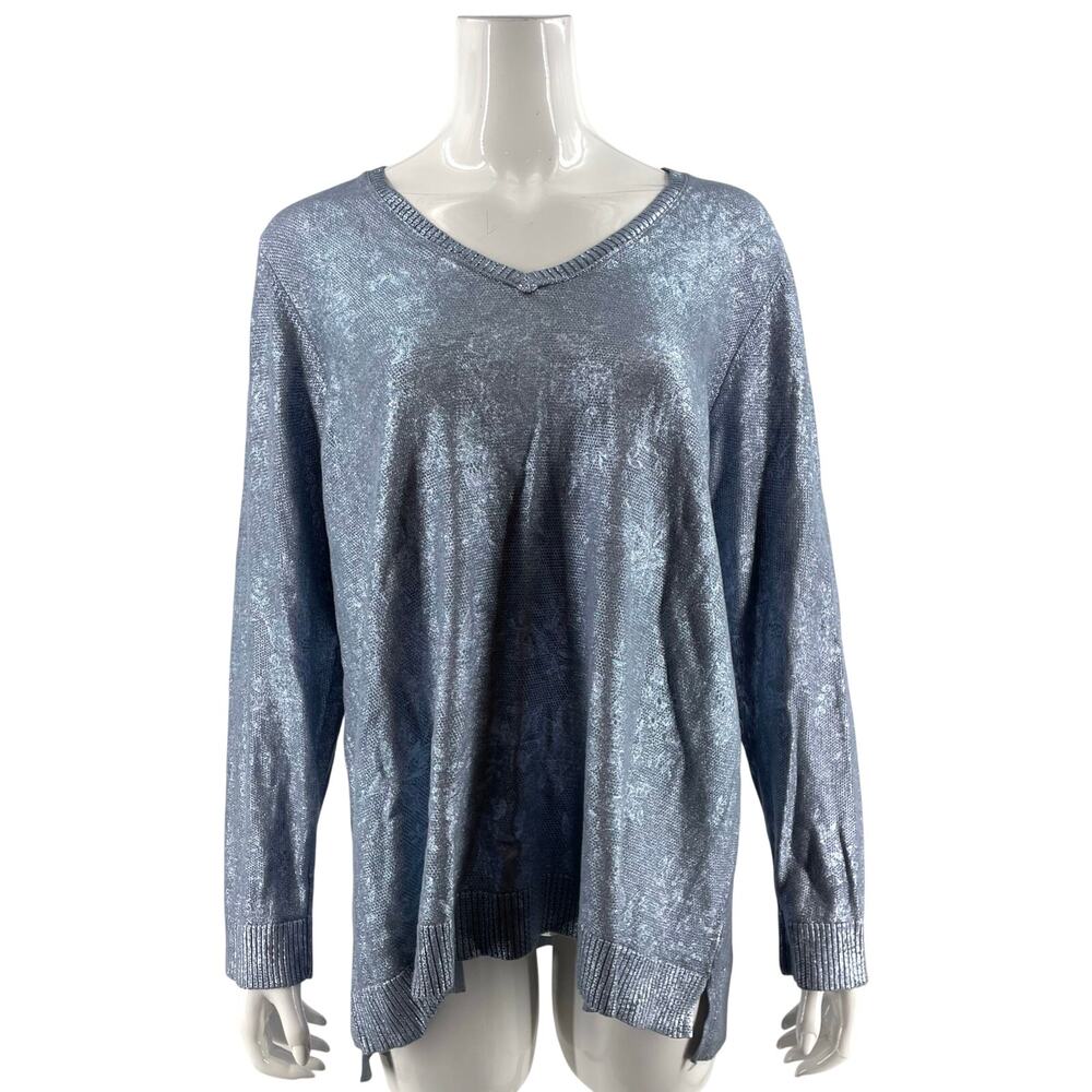 Chicos Womens V Neck Sweater Size 1 / US Medium Blue Floral Metallic Pullover